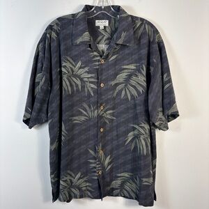 Vintage Tropical Leaf Print Casual Button Down Silk Shirt XL